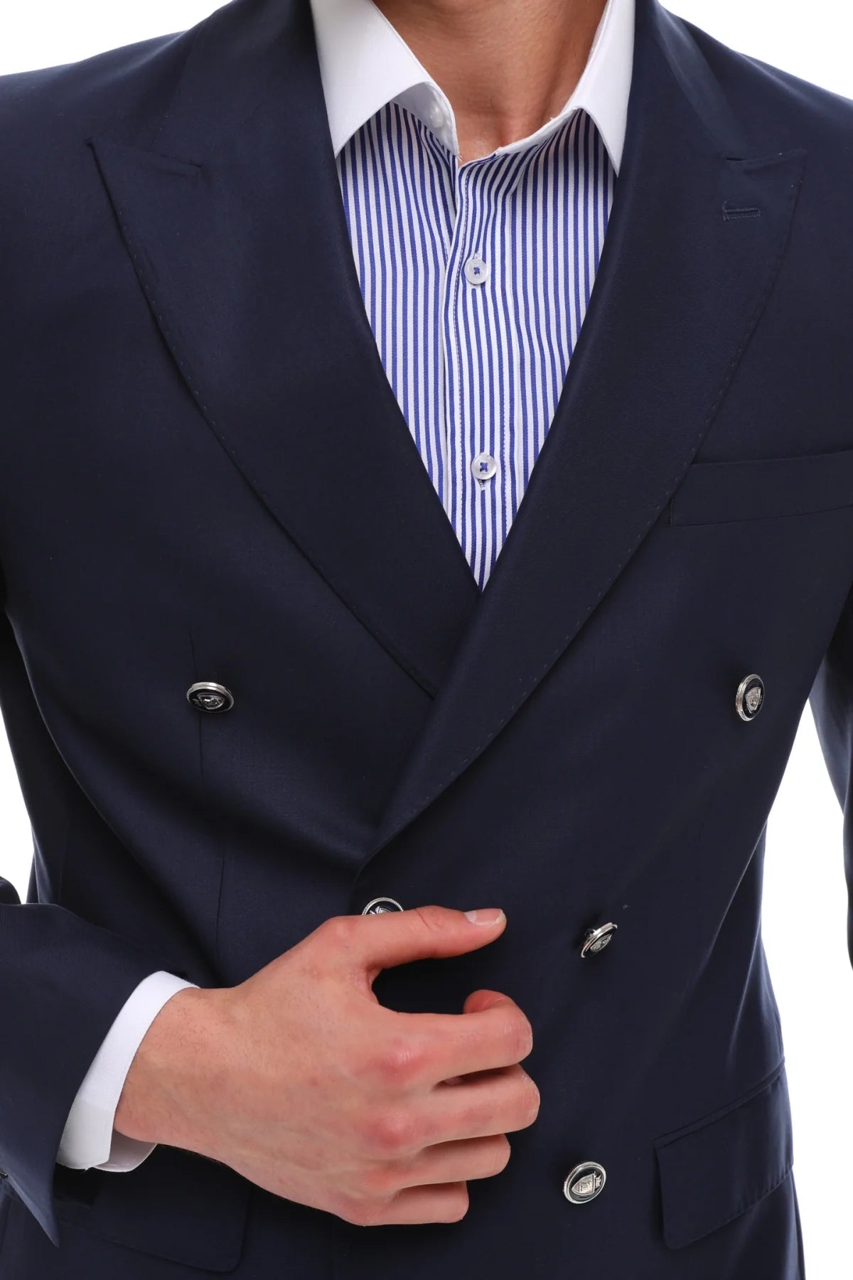 Navy Double Breasted With Navy Crested Buttons Suit