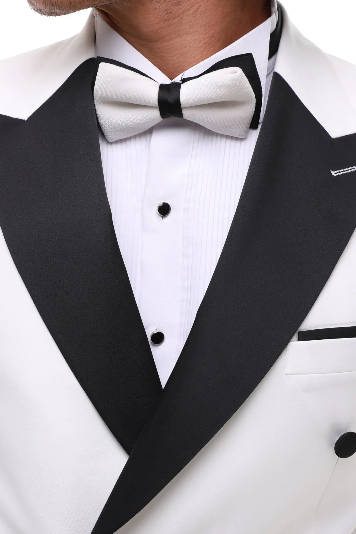 Double Breasted White & Black Satin Tuxedo